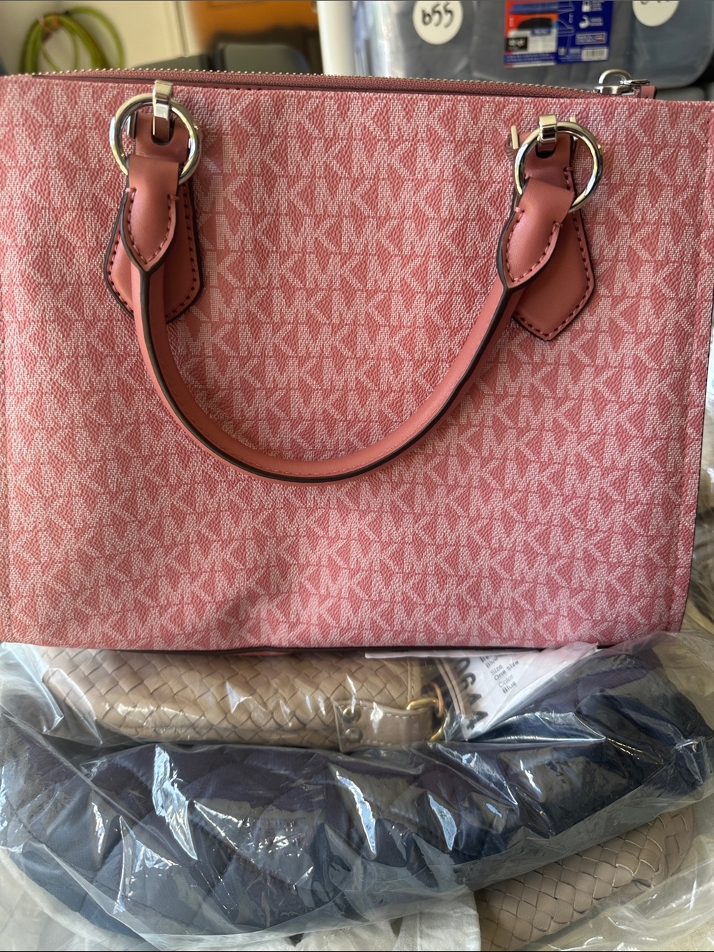 Michael Kors Rose Pink and White Stripe Logo Satchel - Picture 2 of 6